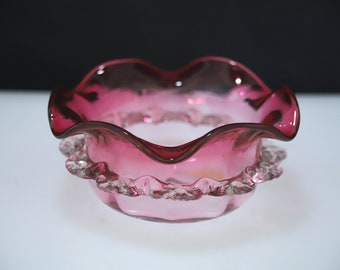 Antique English Hand Blown Cranberry and Clear Glass Sugar Bowl 1860 5 1/2" diameter x 2 1/2"h