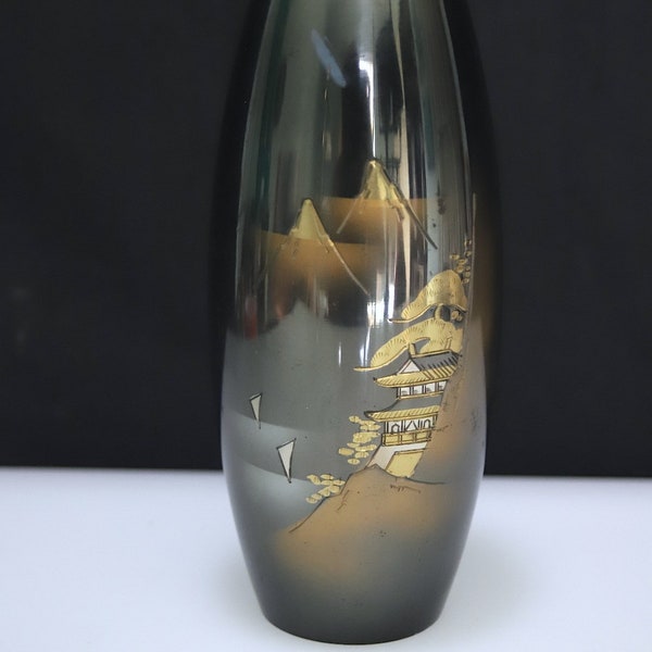 Japanese Etched With Gold Detail Decorated Metal Vase