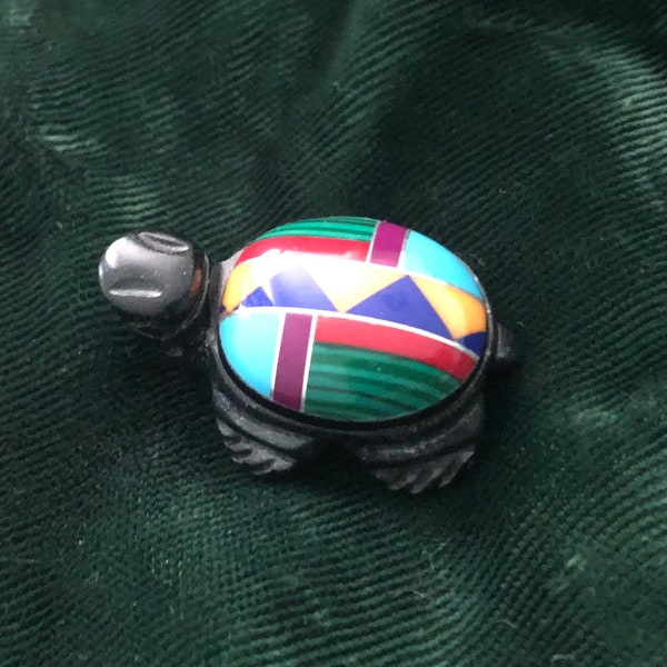 Multi gemstone inlaid Zuni turtle pendant with sterling silver & black onyx