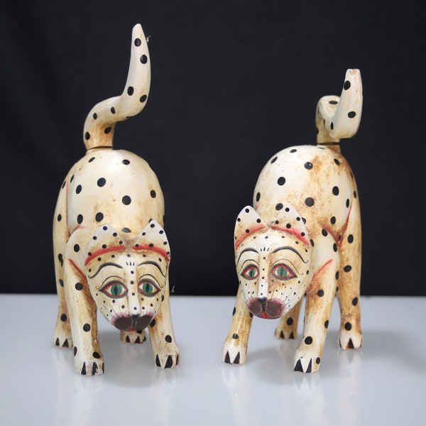 Pair of Hand Carved and Painted Cats, Made in Indonesia