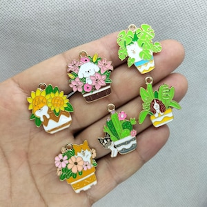 Cartoon Animal Dog Charm Gold Metal Enamel Cactus Garden Pot Plant Charms Pendant DIY Earring Necklace Key Chain Jewelry Making Accessories