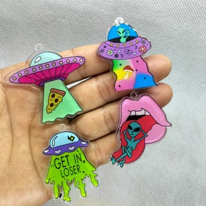 Acrylic UFO Spaceship Charm Cartoon Mushroom Animal Spacecraft Charms Pendant for DIY Earring Necklace Key Chain Jewelry Making Accessories