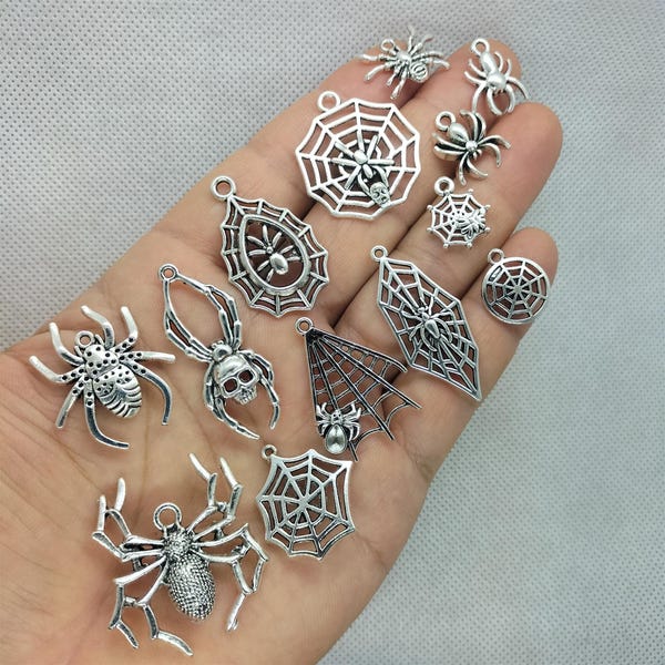 13pcs Mix Cartoon Animal Spider Charm Antique Silver Halloween Charms Pendant Bracelet DIY Earring Necklace Key Chain Jewelry Accessories