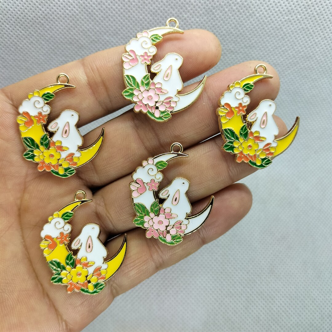 27*33mm Metal Enamel Moon Charm Cartoon Animal Rabbit Charms Pendant ...