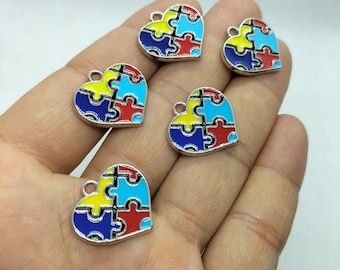 19*20mm Enamel Puzzle Charm Silver Tone Heart Charms Pendant for Bracelet DIY Earring Necklace Key Chain Accessories 10 30 Pcs