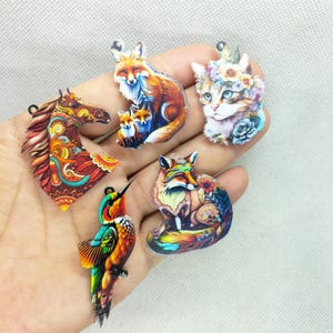 Dije de gato de dibujos animados, acrílico, animal, lobo, pájaro, caballo, zorro, colgante con estampado para hacer pendientes, accesorios de joyería, material 10 30 piezas