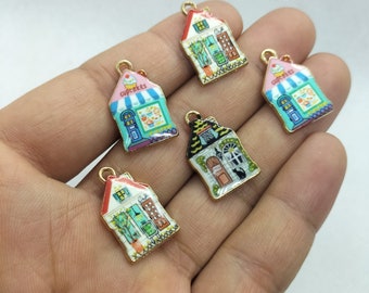 13*22mm Gold Printed House Charm Cartoon Charms Pendant for Bracelet DIY Earring Necklace Key Chain Jewelry Making Accessories 10 30 Pcs