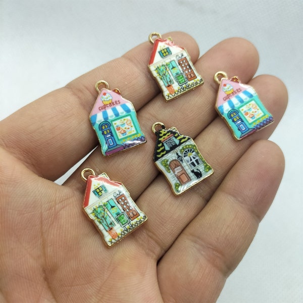 13*22mm Gold Printed House Charm Cartoon Charms Pendant for Bracelet DIY Earring Necklace Key Chain Jewelry Making Accessories 10 30 Pcs