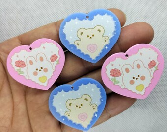 32*38mm Acrylic Cartoon Heart Charm Embossed Printed Animal Charms Pendant for DIY Earring Necklace Jewelry Making Accessories Material