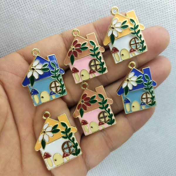 24*29mm Enamel House Charm Cartoon Animal Flower Charms Pendant for Bracelet DIY Earring Necklace Key Chain Jewelry Making 10 30 Pcs
