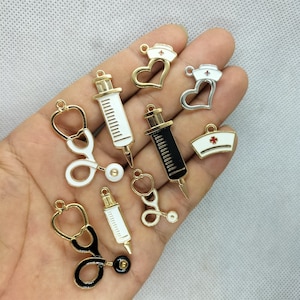 Mix Series Syringe Stethoscope Nurse Cap Hat Enamel Charms Pendant for DIY Earring Necklace Key Chain Jewelry Making Accessories Material