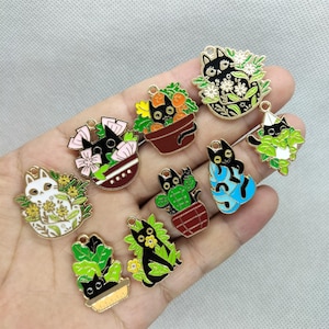 Dije de gato de dibujos animados, colgante de metal dorado esmaltado con forma de cactus, para jardín, planta, pendientes, collares, llaveros, accesorios para hacer joyas.
