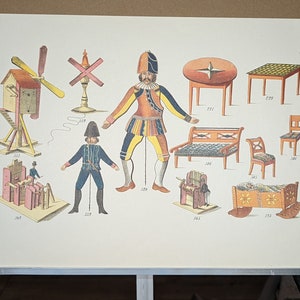 RARE Vintage 1850s XL Color Lithograph Toy Sample Book Page Doll Furniture pg.3