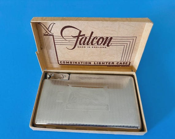 1950s FALCON Combination Lighter & Cigarette Case Original Box England ART  DECO