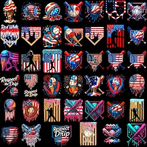 Paquete PNG de béisbol con goteo y bandera estadounidense, PNG de béisbol del 4 de julio, diseño patriótico de EE. UU., PNG de goteo de helado, descarga digital de béisbol