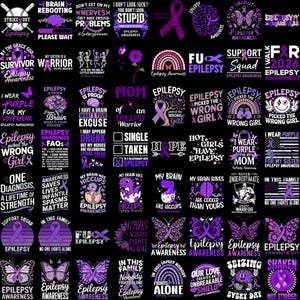 May include: A collection of purple and white graphic designs with text related to epilepsy awareness. The designs include phrases like "I wear purple," "Support Squad," and "Epilepsy Awareness." The images feature butterflies, ribbons, and brain illustrations.