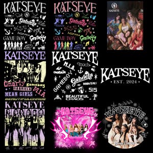 Pode incluir: Uma colagem de imagens com a banda KATSEYE. As imagens incluem o logotipo da banda, fotos de grupo e designs gráficos com texto como "Debut", "Gameboy" e "Beautiful Chaos". A paleta de cores inclui preto, branco, rosa e outras cores vibrantes.