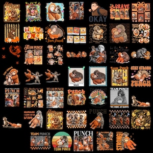 May include: A selection of stickers and graphics showcasing cartoon monkeys in diverse poses. The designs incorporate text like "Team Punch", "Stay Strong", and "Be Brave", using a colour scheme of orange, brown, and black.