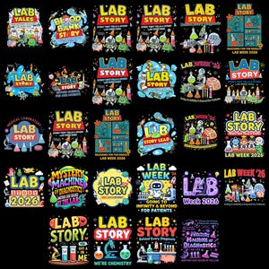 Op de afbeelding: Een verzameling kleurrijke grafische ontwerpen met de woorden "LAB STORY" en andere laboratoriumgerelateerde zinnen. De ontwerpen bevatten bekers, reageerbuizen en cartoonfiguren, perfect voor wetenschapsliefhebbers.