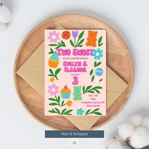 Editable Two Sweet Twin Birthday Invitation | Canva Template | Printable Girl Party Invite | Instant Download