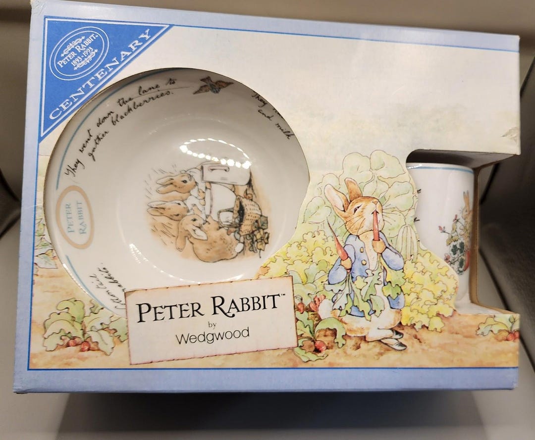 1991 Peter Rabbit 3 Piece Set Mug, Plate, Oatmeal Bowl. Made in England ...