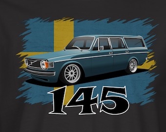 May include: A black t-shirt with a blue Volvo 145 wagon printed on the front. The car is driving on a stylized Swedish flag with the number 145 printed below the car.