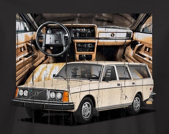 May include: A black t-shirt with a vintage illustration of a white Volvo station wagon. The illustration includes a close-up of the car's interior.