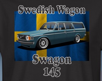 May include: Black t-shirt with a blue Volvo wagon printed on it. The car is on a Swedish flag background. The text "Swedish Wagon" is above the car and "Swagon 145" is below the car.