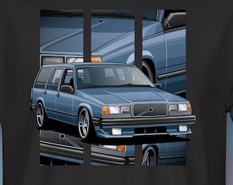 May include: A black t-shirt with a blue Volvo wagon printed on the front. The image is a collage of three different angles of the car.