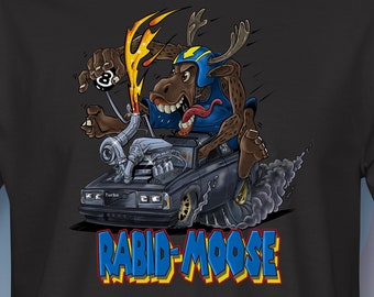 May include: Black t-shirt with a cartoon illustration of a moose driving a car with the text "RABID-MOOSE" printed on the front.