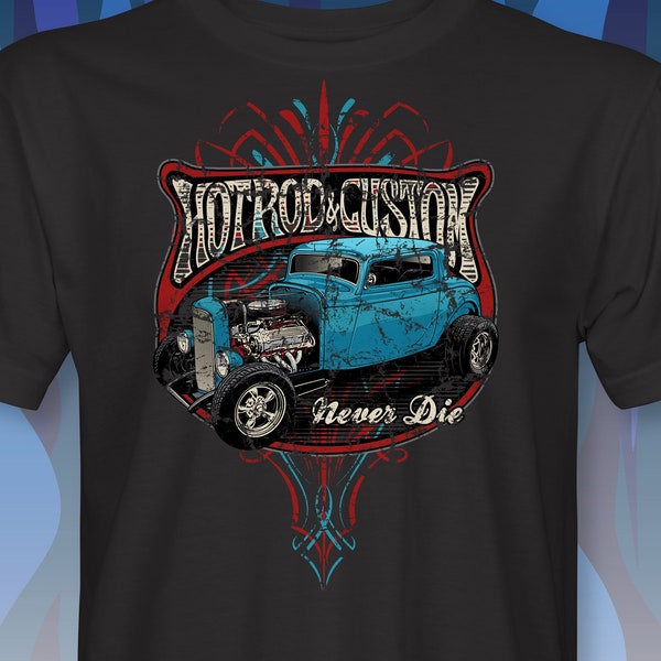 Distressed Classic Blue Hot Rod with Pinstripes Hotrod  T-Shirt  RM0074