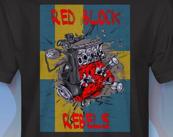 May include: Black t-shirt with a graphic of a red engine with the text "RED BLOCK REBELS" and a Swedish flag design.