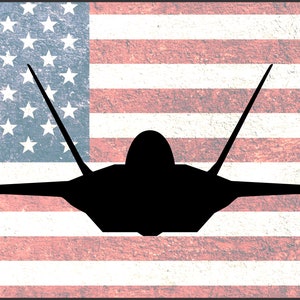 May include: A black silhouette of a fighter jet against a distressed American flag background. The flag is red, white, and blue with a grunge texture.
