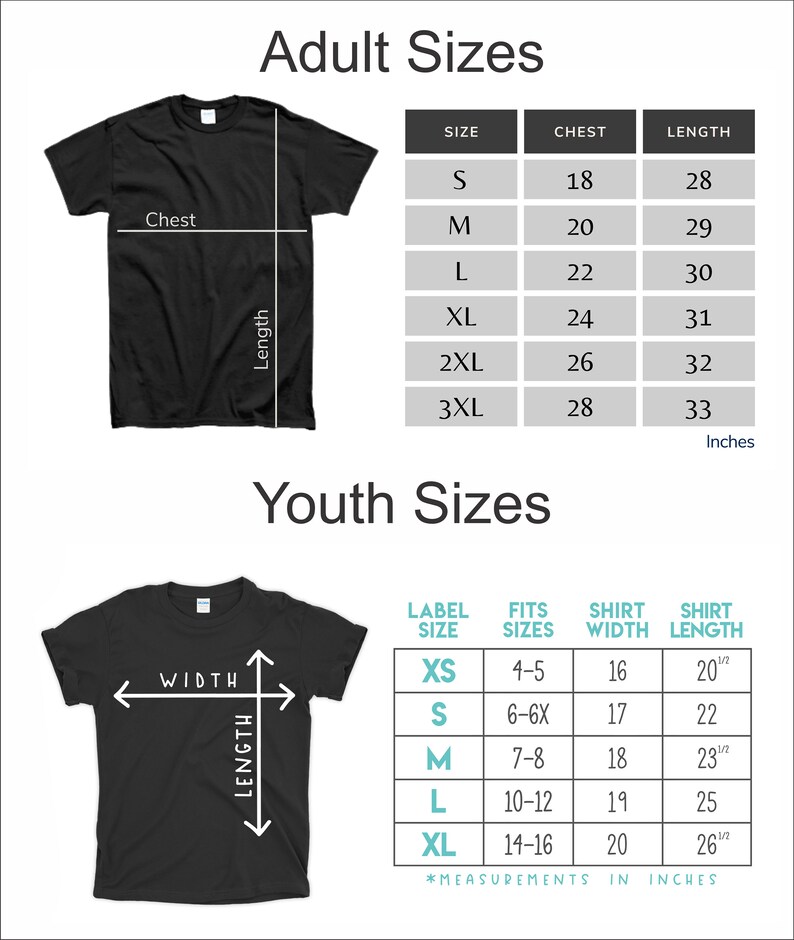 Peut inclure: Un tableau des tailles pour t-shirts adultes et enfants. Le tableau indique les mesures de la poitrine et de la longueur en pouces pour les tailles adultes S &agrave; 3XL. Le tableau des tailles pour enfants indique la largeur et la longueur du t-shirt en pouces pour les tailles XS &agrave; XL.