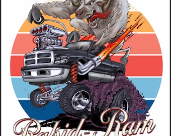May include: A black pickup truck with a white ram mascot and flames coming out of the exhaust pipes. The truck is driving on a dirt road and the background is a sunset with red, orange, and blue stripes. The text "Rabid-Ram" is written in a stylized font below the truck.