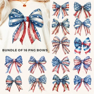 May include: A bundle of 16 digital PNG files featuring watercolor-style red, white, and blue bows with a stars and stripes pattern.  "BUNDLE OF 16 PNG BOWS" is written in black text at the bottom of the image.