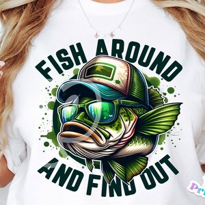 May include: White t-shirt with a green and black graphic of a bass fish wearing sunglasses and a hat. The text "Fish Around and Find Out" is written in green letters.