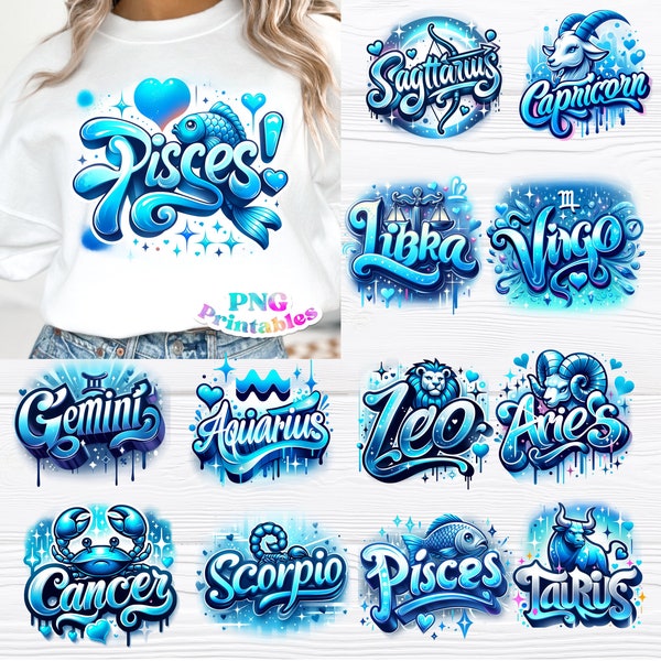 Zodiac png Bundle - Horoscope png - Print File - Airbrushed Zodiac Sublimation Design - Shirt png - Digital Download