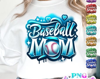 May include: A white sweatshirt with a blue, white, and red graphic design that says "Baseball Mom" with a baseball in the middle. The graphic has a spray paint effect. There are multiple color variations of the graphic shown on the right side of the image.