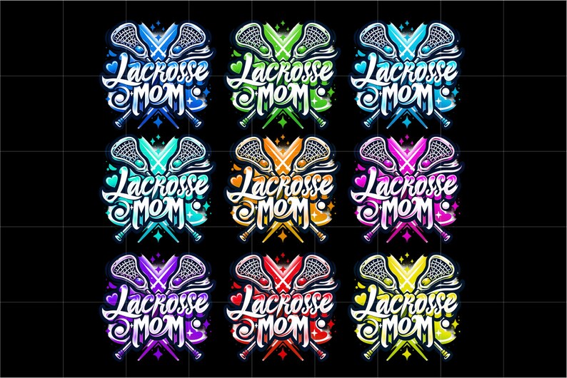 May include: Nine different color variations of a lacrosse stick logo with the text "Lacrosse Mom" in a stylized font. The sticks are crossed and the logo is surrounded by hearts and stars.