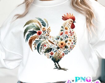 Floral Rooster png - Rooster png - Print File - Chicken - Sublimation Design - Digital Download