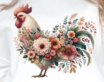May include: A white rooster with a red comb is surrounded by a bouquet of pink, red, and orange flowers. The flowers are arranged in a circular pattern around the rooster, creating a beautiful and whimsical design.