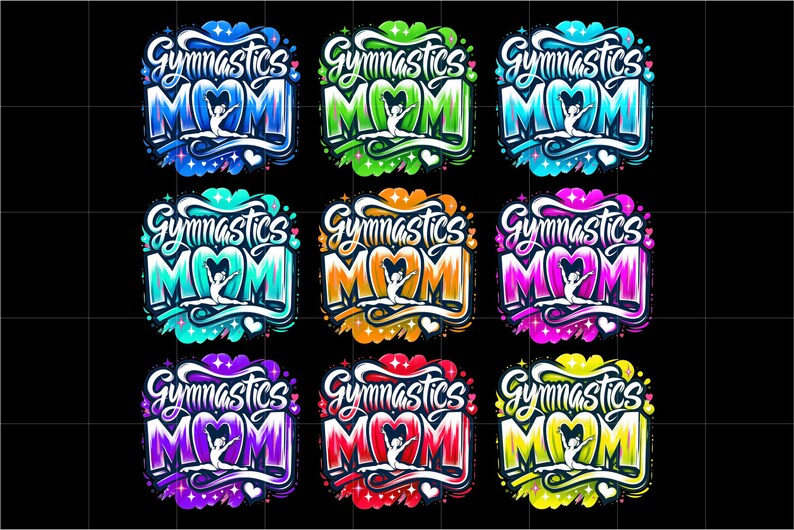 Op de afbeelding: Negen kleurrijke ontwerpen met de tekst "Gymnastics Mom" in een gestileerd lettertype. Elk ontwerp toont een turnster in een hart met sterren en harten rondom de tekst.