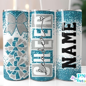 Cheer Glitter 20 oz Skinny Tumbler png Design - Cheerleader Sublimation Tumbler Wrap Aqua and Silver - png File - Straight