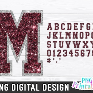 Glitter Sport Alphabet png - Maroon and Silver Alphabet - png Print File For Sublimation Or Print - Distressed - Download