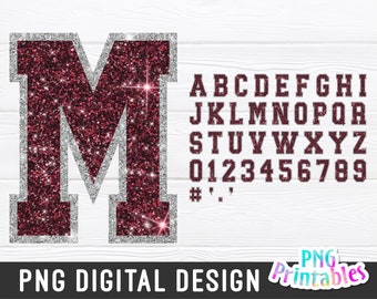 Glitter Sport Alphabet png - Maroon and Silver Alphabet - png Print File For Sublimation Or Print - Distressed - Download