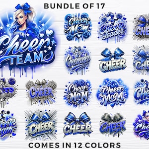 May include: A set of 17 digital designs featuring cheerleading themes. The designs include various cheerleading slogans, such as "Cheer Mom", "Cheer Leader", and "Cheer Team". The designs are in a blue and white color scheme and feature a variety of graphic elements, including stars, pom-poms, and bows.