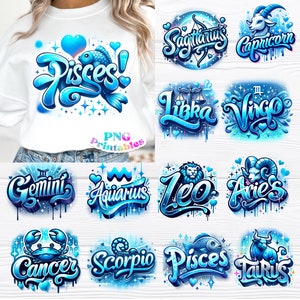 Zodiac png Bundle - Horoscope png - Print File - Airbrushed Zodiac Sublimation Design - Shirt png - Digital Download