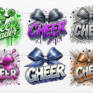 May include: Six different designs for cheerleading logos. Each design features a large bow and the word "CHEER" in a stylized font. The designs are in various colors, including purple, pink, blue, orange, and gray.