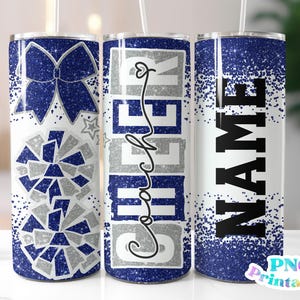 Cheer Coach Glitter 20 oz Skinny Tumbler png Design - Cheerleader Coach Sublimation Tumbler Wrap Blue and Silver - png File - Straight